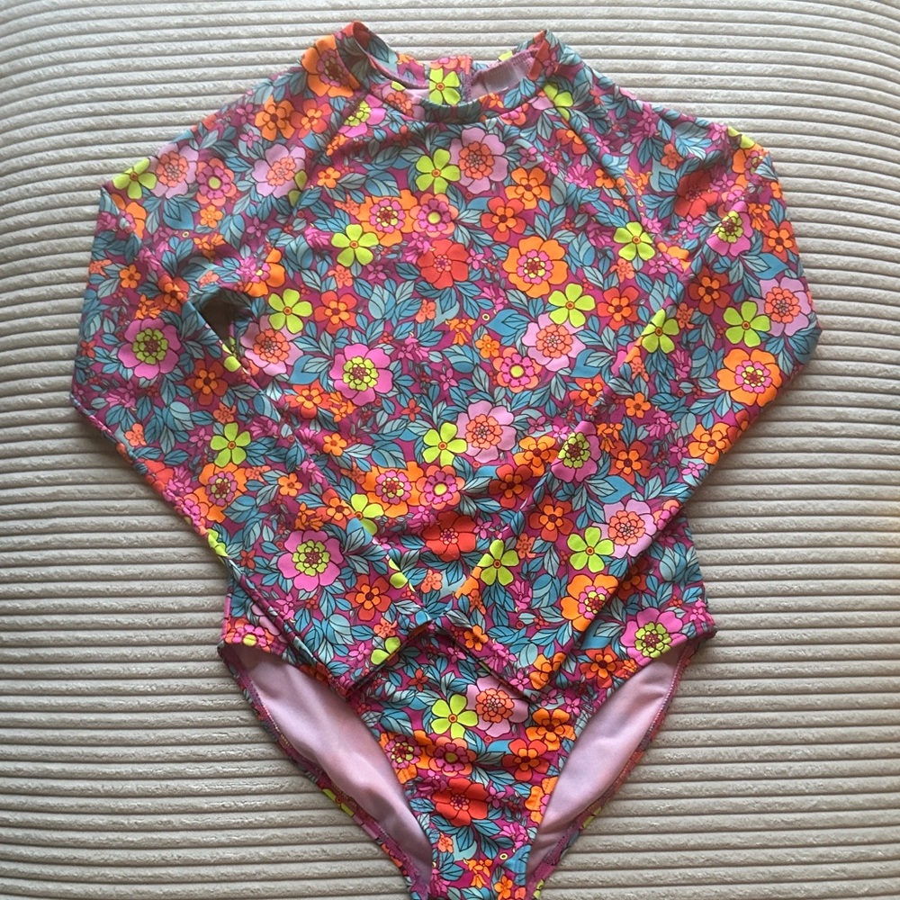 Cat & Jack Girls One Piece Floral Rash-guard Swimwear in Size L (10-12)